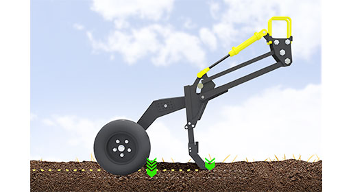 The seed shank of the PHD opener travels half the vertical distance of the packer wheel